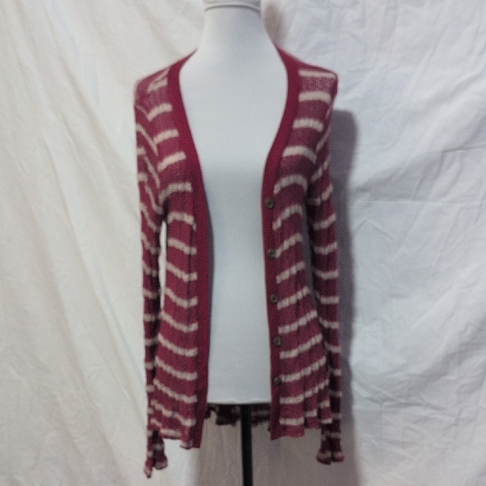 Pleione Burgundy and Cream Striped Button-Front Cardigan